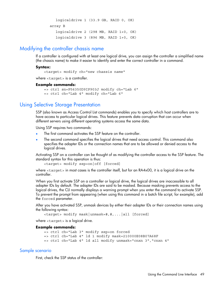Modifying the controller chassis name, Using selective storage presentation, Sample scenario | HP StorageWorks 1500cs Modular Smart Array User Manual | Page 49 / 71