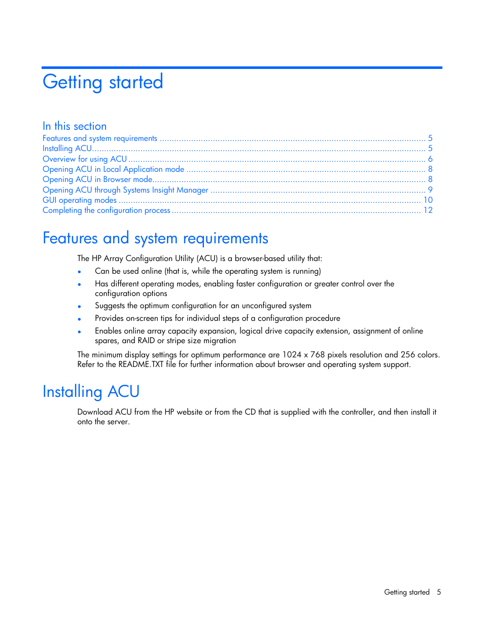 Getting started, Features and system requirements, Installing acu | HP StorageWorks 1500cs Modular Smart Array User Manual | Page 5 / 71