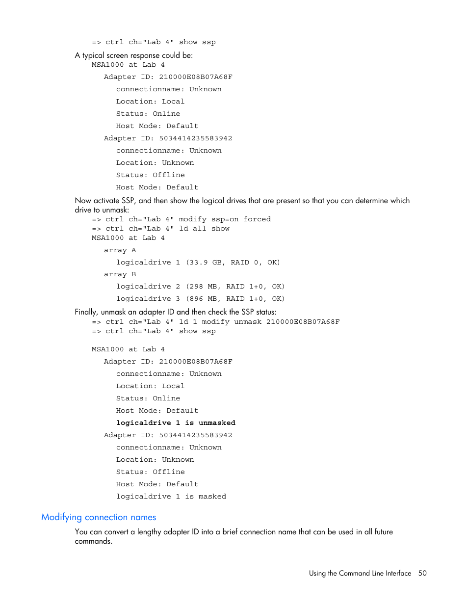 Modifying connection names | HP StorageWorks 1500cs Modular Smart Array User Manual | Page 50 / 71