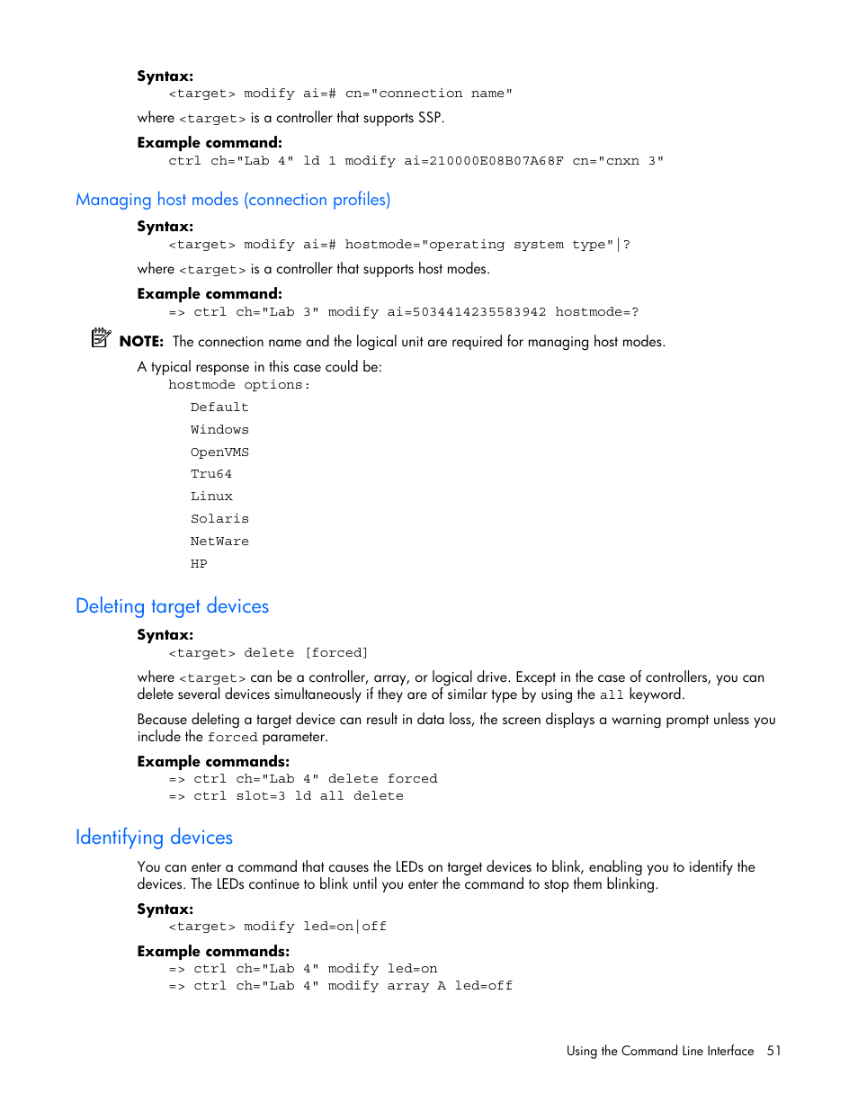 Managing host modes (connection profiles), Deleting target devices, Identifying devices | HP StorageWorks 1500cs Modular Smart Array User Manual | Page 51 / 71