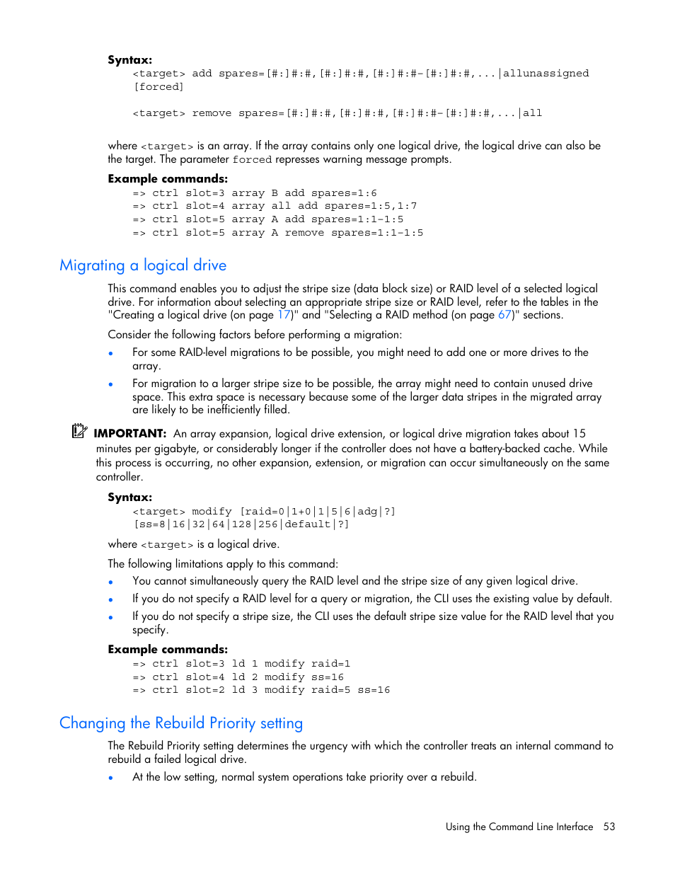 Migrating a logical drive, Changing the rebuild priority setting | HP StorageWorks 1500cs Modular Smart Array User Manual | Page 53 / 71