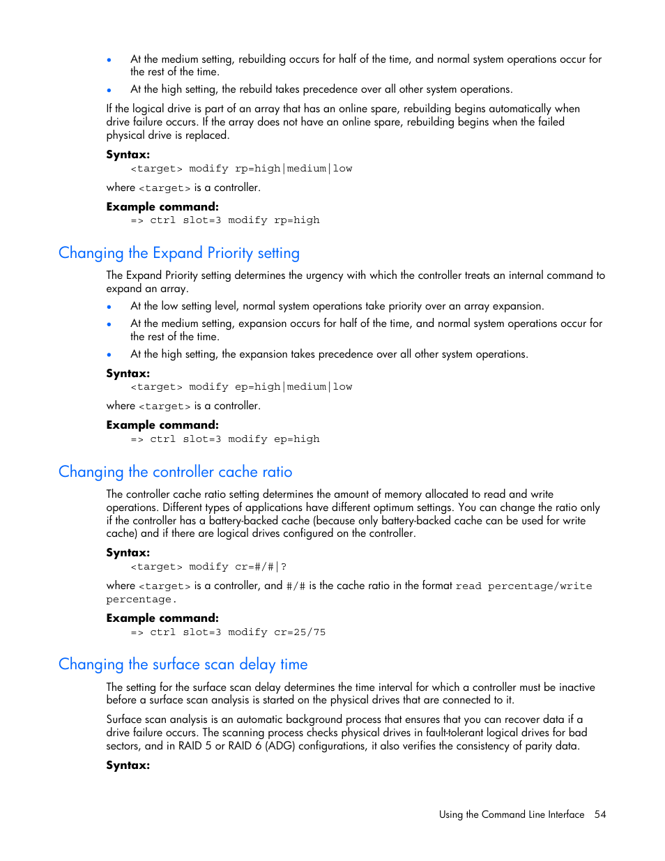 Changing the expand priority setting, Changing the controller cache ratio, Changing the surface scan delay time | HP StorageWorks 1500cs Modular Smart Array User Manual | Page 54 / 71