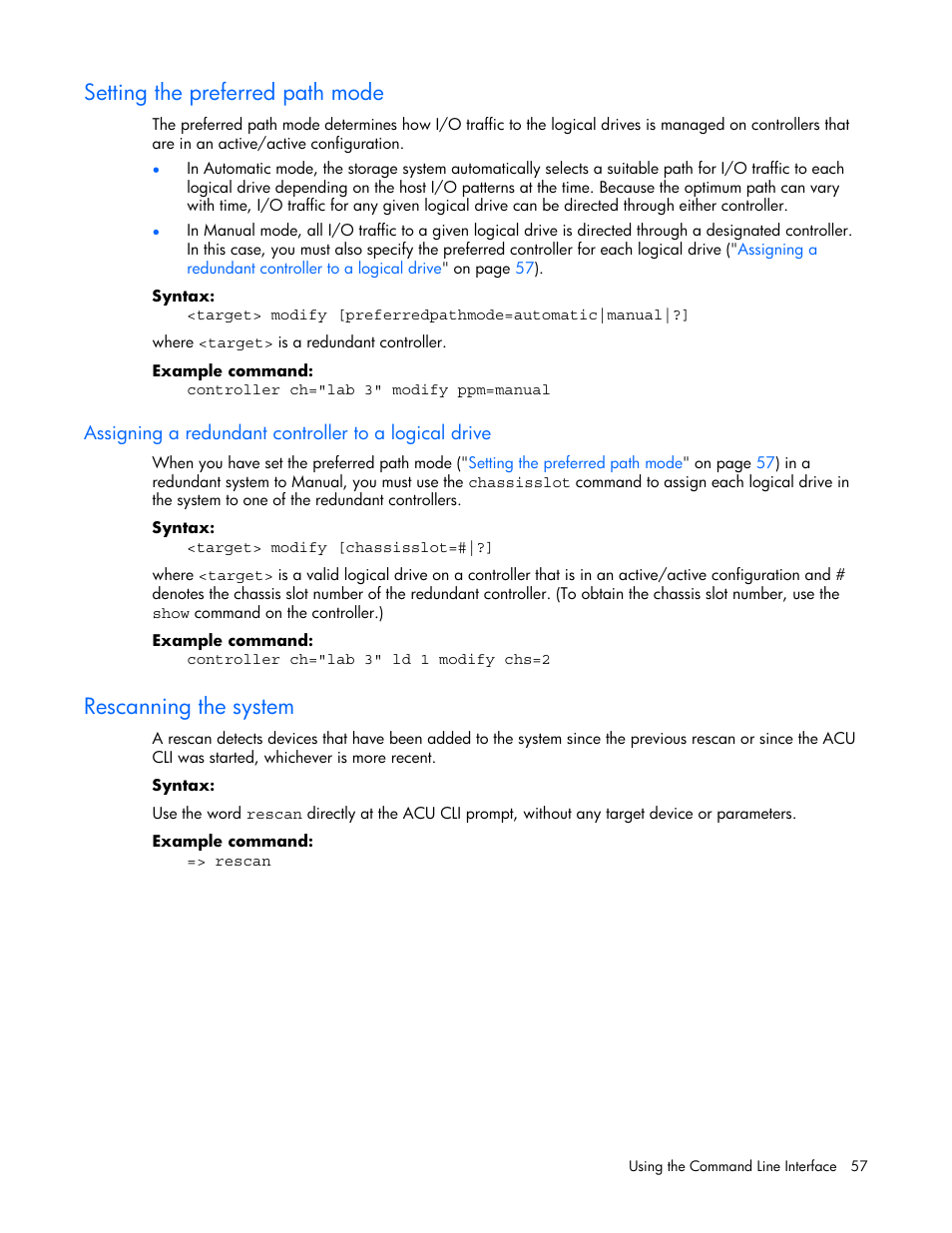 Setting the preferred path mode, Rescanning the system | HP StorageWorks 1500cs Modular Smart Array User Manual | Page 57 / 71