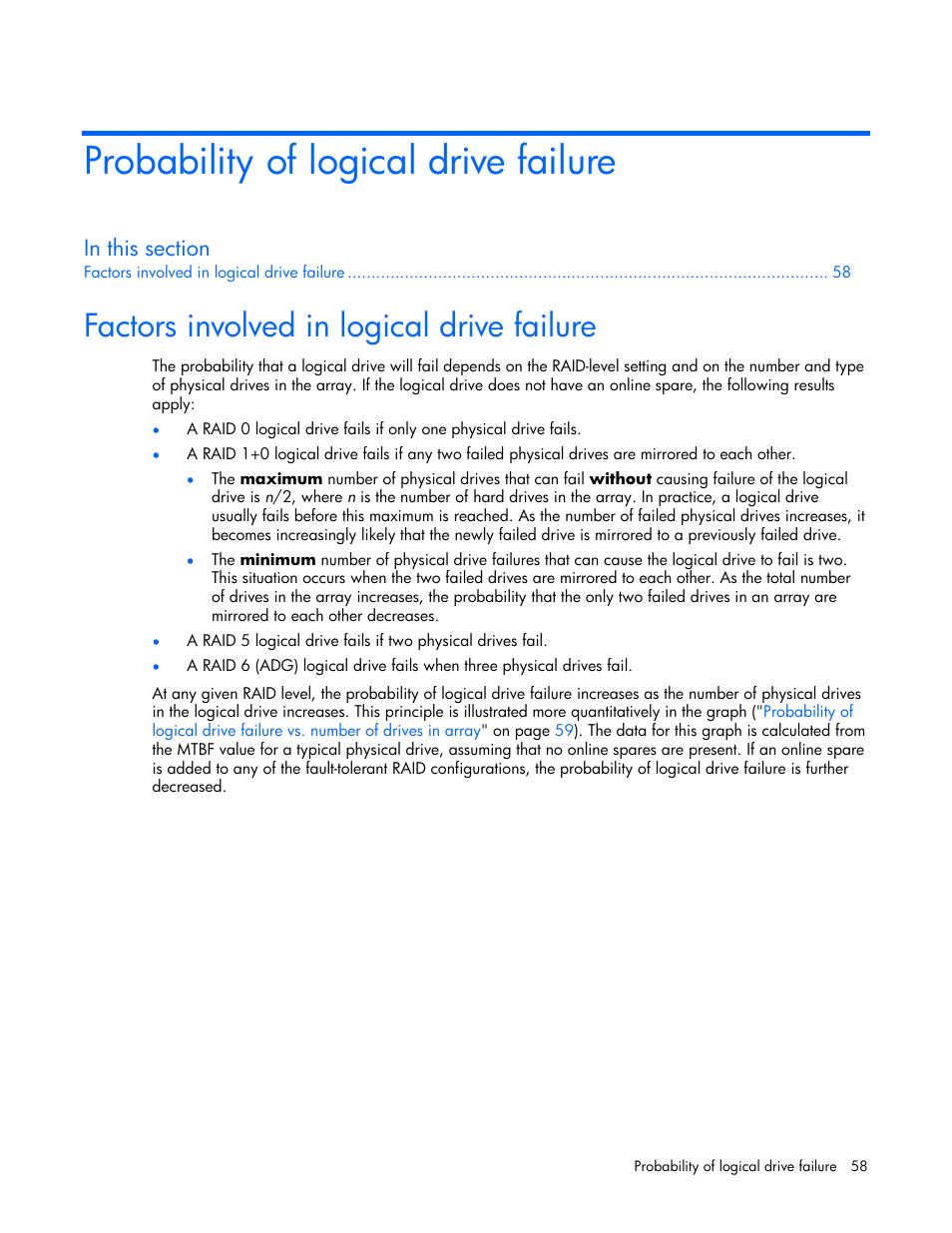 Probability of logical drive failure, Factors involved in logical drive failure | HP StorageWorks 1500cs Modular Smart Array User Manual | Page 58 / 71