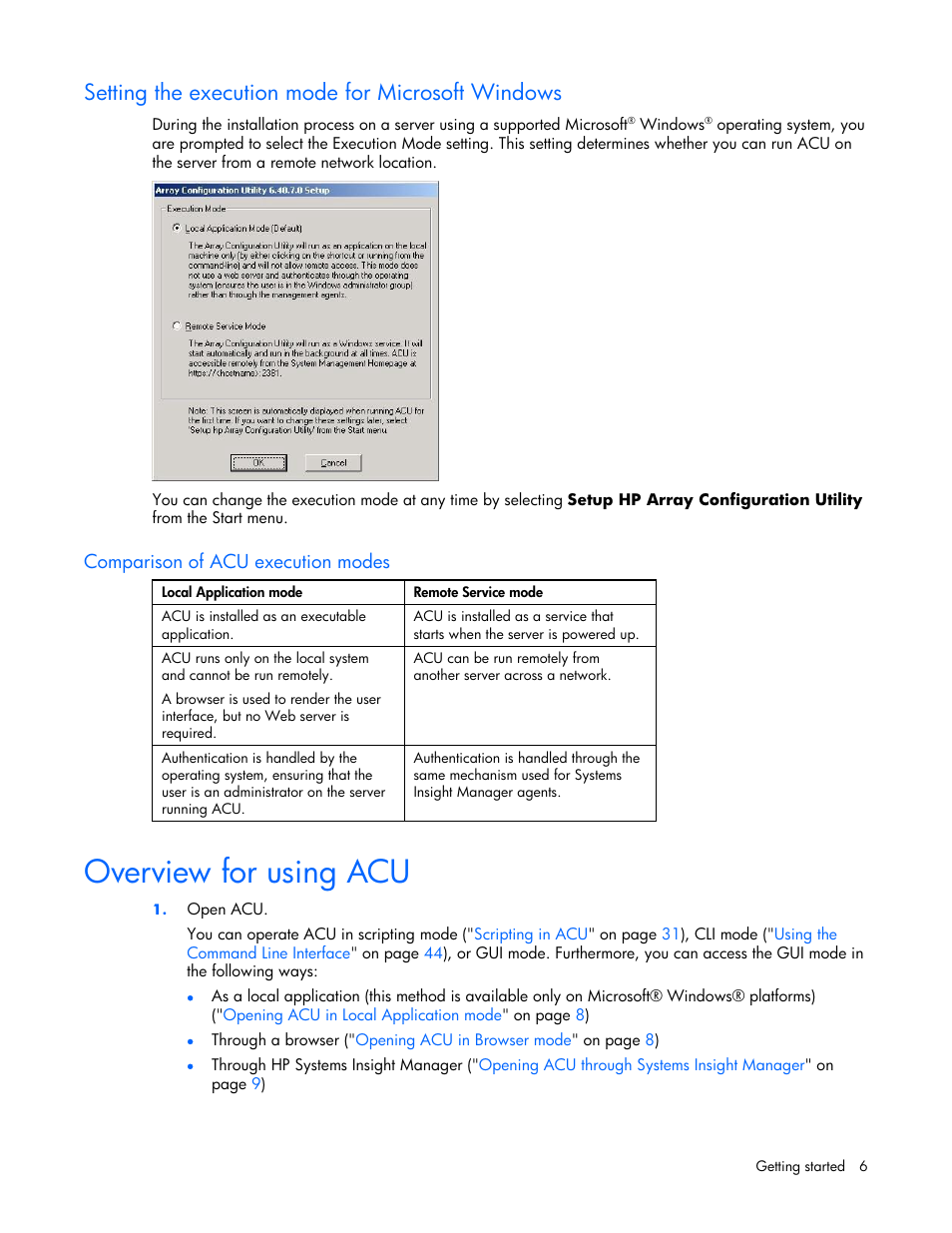 Setting the execution mode for microsoft windows, Comparison of acu execution modes, Overview for using acu | HP StorageWorks 1500cs Modular Smart Array User Manual | Page 6 / 71