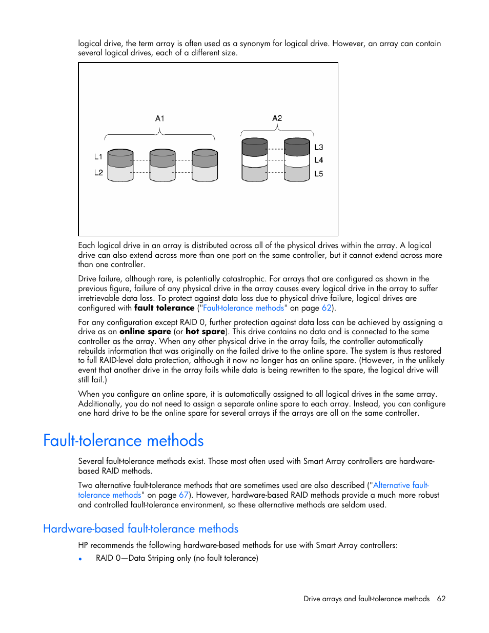 Fault-tolerance methods, Hardware-based fault-tolerance methods | HP StorageWorks 1500cs Modular Smart Array User Manual | Page 62 / 71