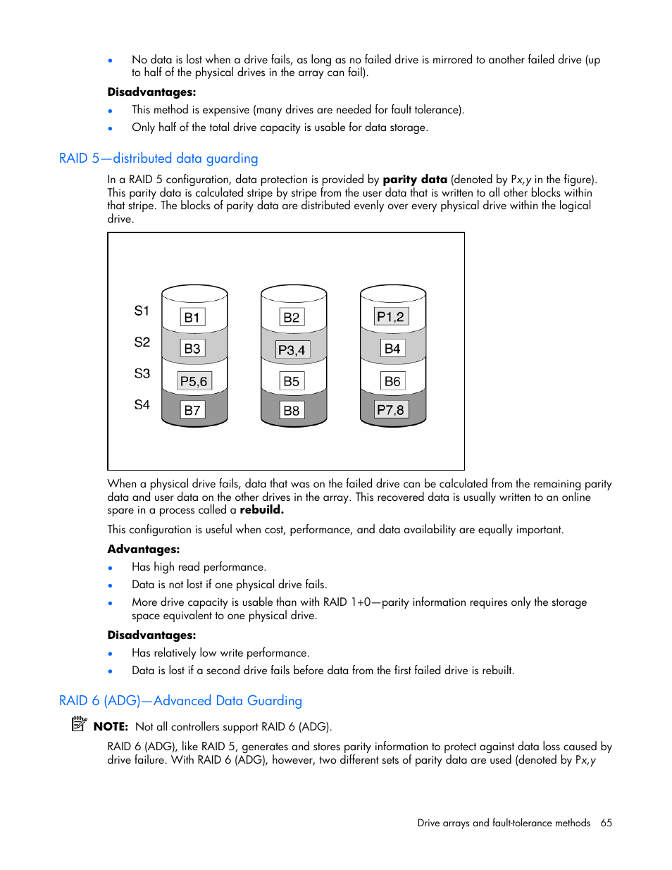 Raid 5—distributed data guarding, Raid 6 (adg)—advanced data guarding | HP StorageWorks 1500cs Modular Smart Array User Manual | Page 65 / 71