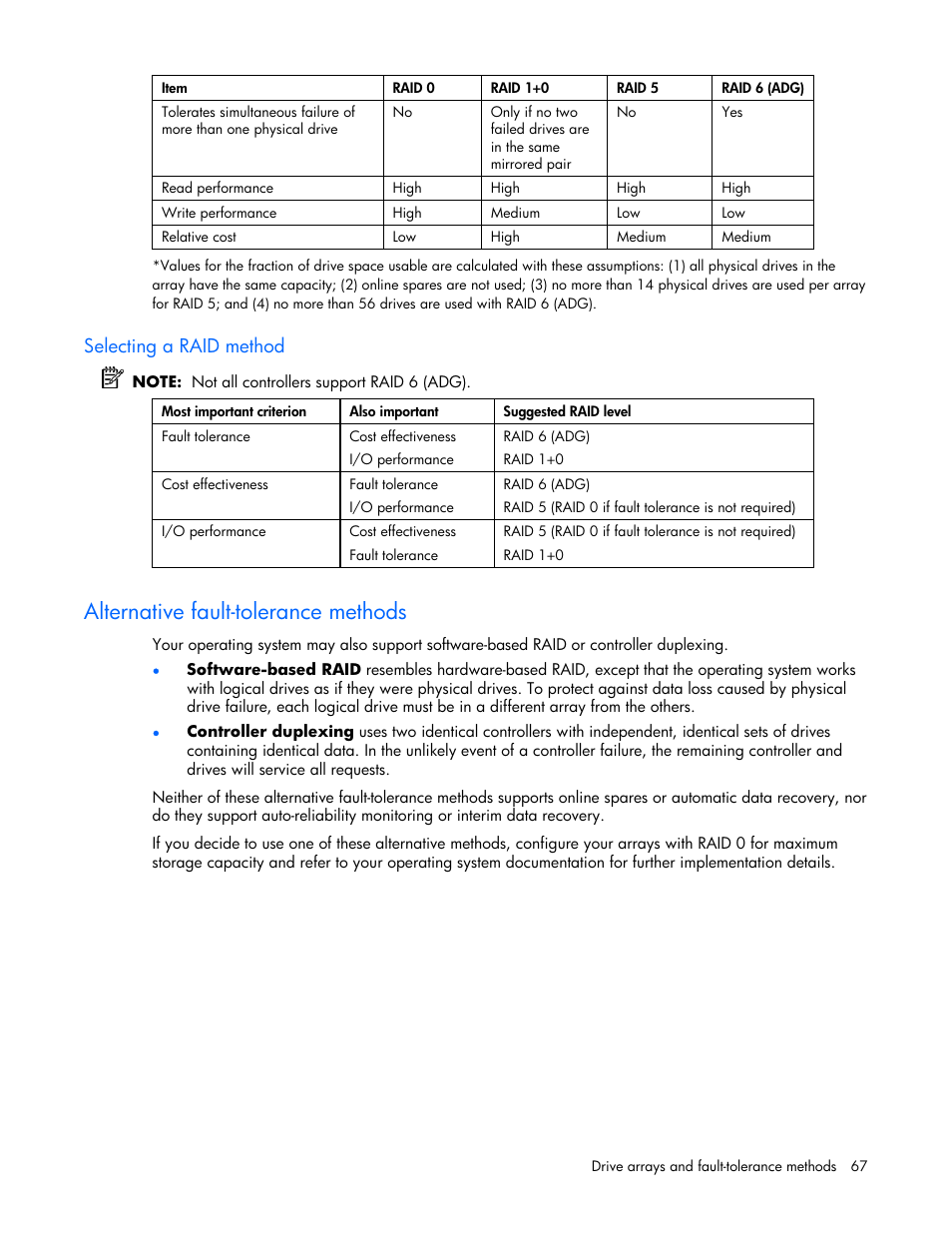 Selecting a raid method, Alternative fault-tolerance methods, Alternative fault | Tolerance methods | HP StorageWorks 1500cs Modular Smart Array User Manual | Page 67 / 71