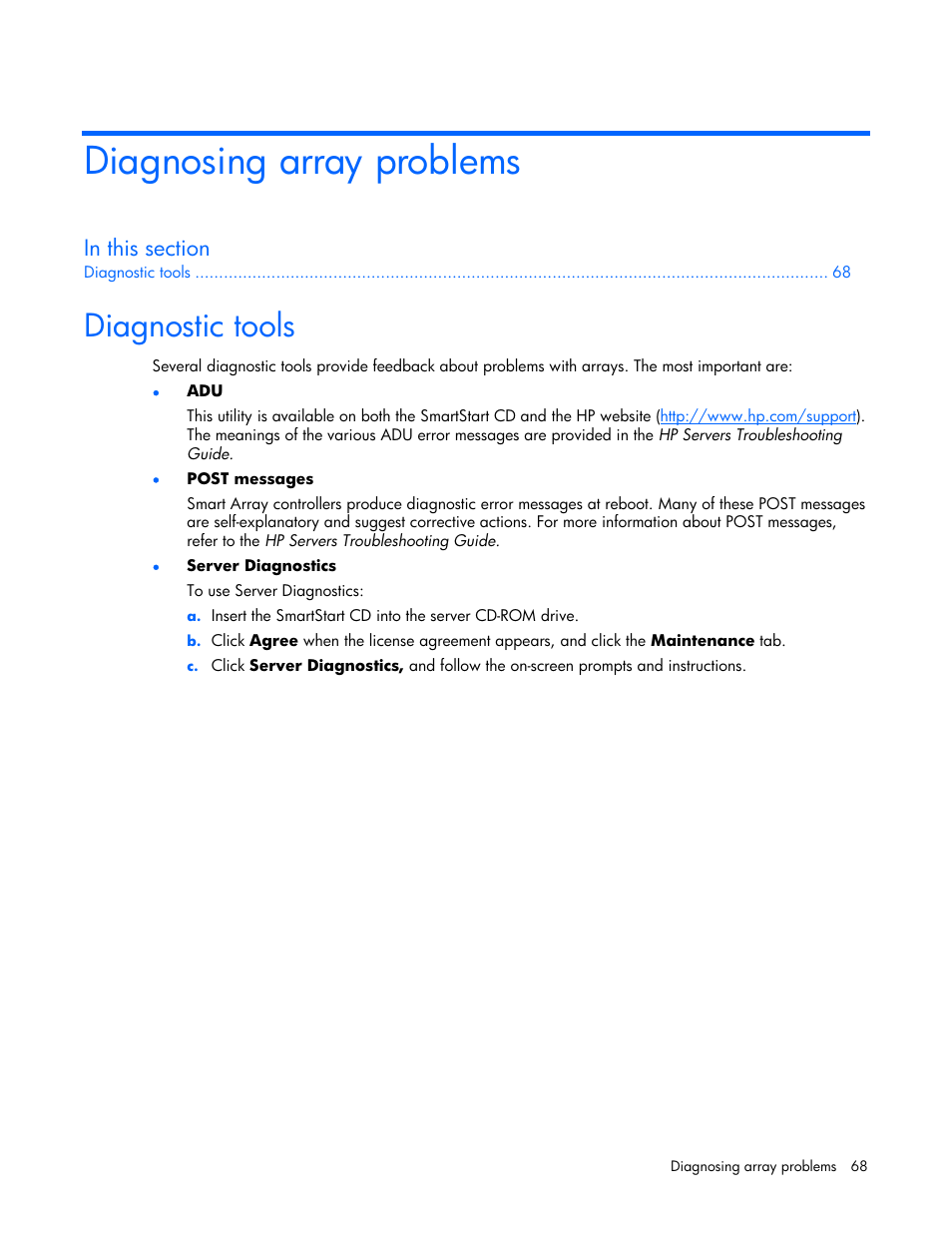 Diagnosing array problems, Diagnostic tools | HP StorageWorks 1500cs Modular Smart Array User Manual | Page 68 / 71