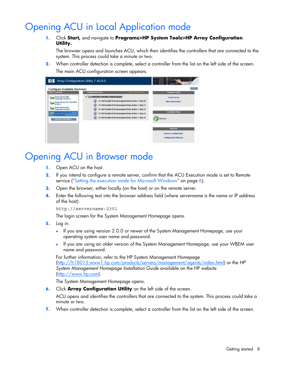 Opening acu in local application mode, Opening acu in browser mode, 8 opening acu in browser mode | HP StorageWorks 1500cs Modular Smart Array User Manual | Page 8 / 71