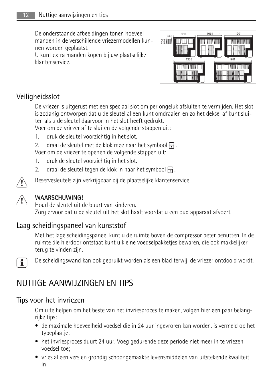 Nuttige aanwijzingen en tips, Veiligheidsslot, Laag scheidingspaneel van kunststof | Tips voor het invriezen | AEG A82700HLW0 User Manual | Page 12 / 80
