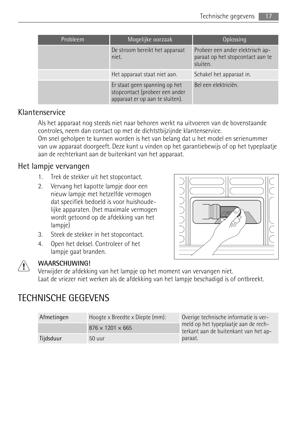 Technische gegevens, Klantenservice, Het lampje vervangen | AEG A82700HLW0 User Manual | Page 17 / 80