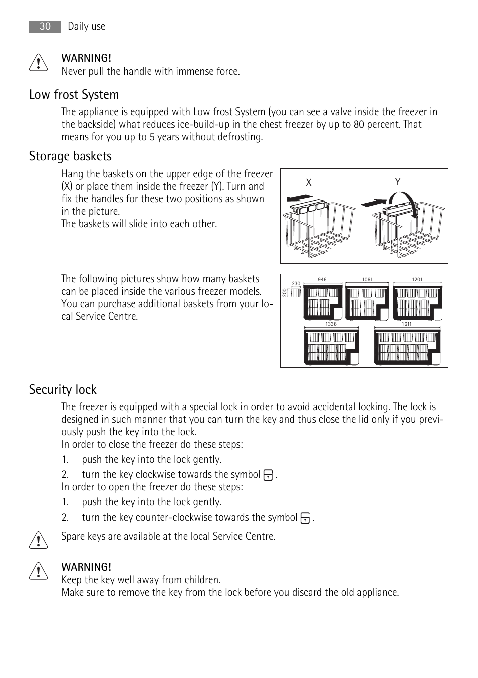 Low frost system, Storage baskets, Security lock | AEG A82700HLW0 User Manual | Page 30 / 80