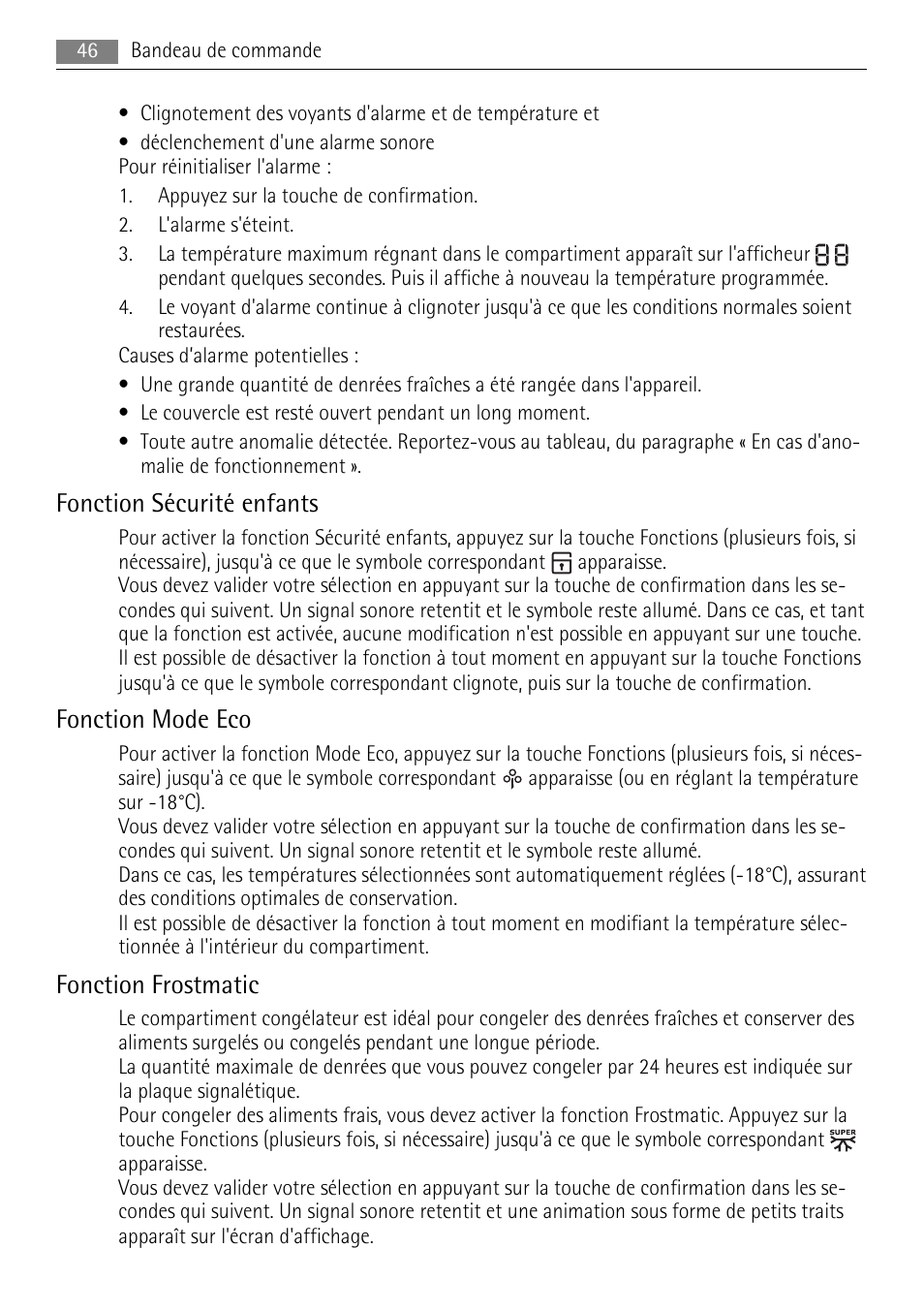 Fonction sécurité enfants, Fonction mode eco, Fonction frostmatic | AEG A82700HLW0 User Manual | Page 46 / 80