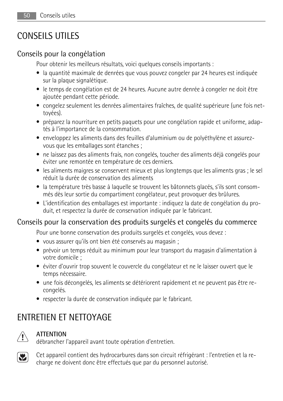 Conseils utiles, Entretien et nettoyage, Conseils pour la congélation | AEG A82700HLW0 User Manual | Page 50 / 80