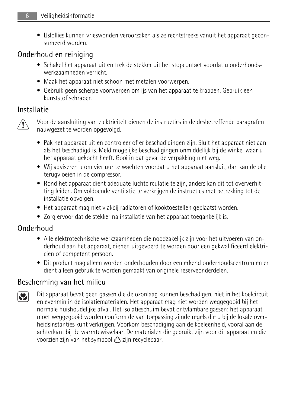 Onderhoud en reiniging, Installatie, Onderhoud | Bescherming van het milieu | AEG A82700HLW0 User Manual | Page 6 / 80