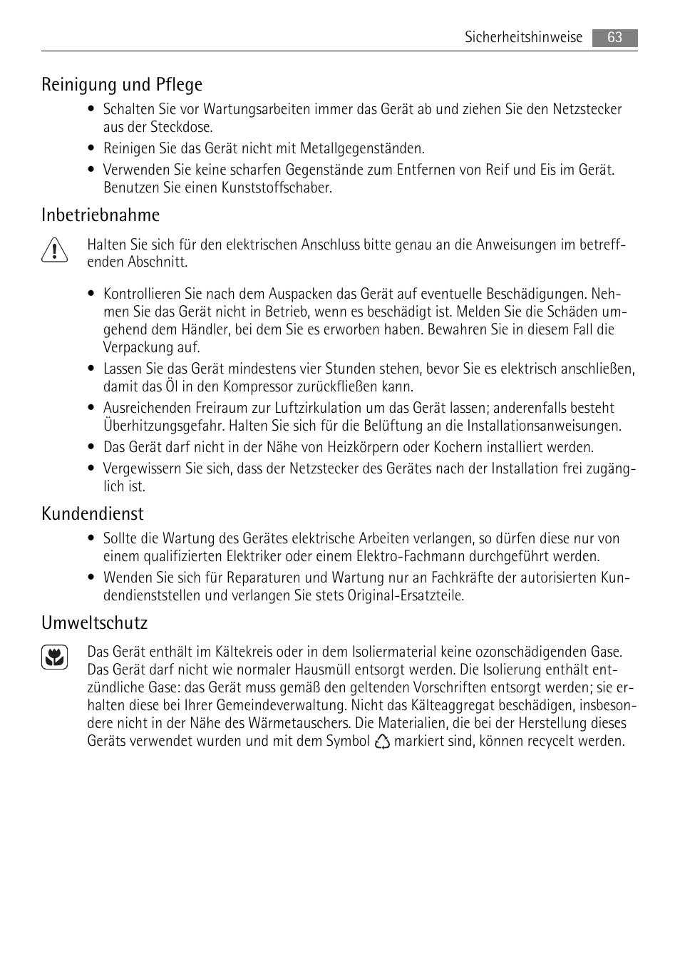 Reinigung und pflege, Inbetriebnahme, Kundendienst | Umweltschutz | AEG A82700HLW0 User Manual | Page 63 / 80