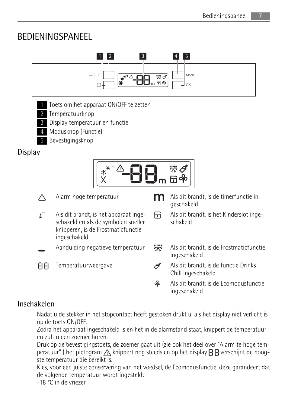Bedieningspaneel, Display, Inschakelen | AEG A82700HLW0 User Manual | Page 7 / 80