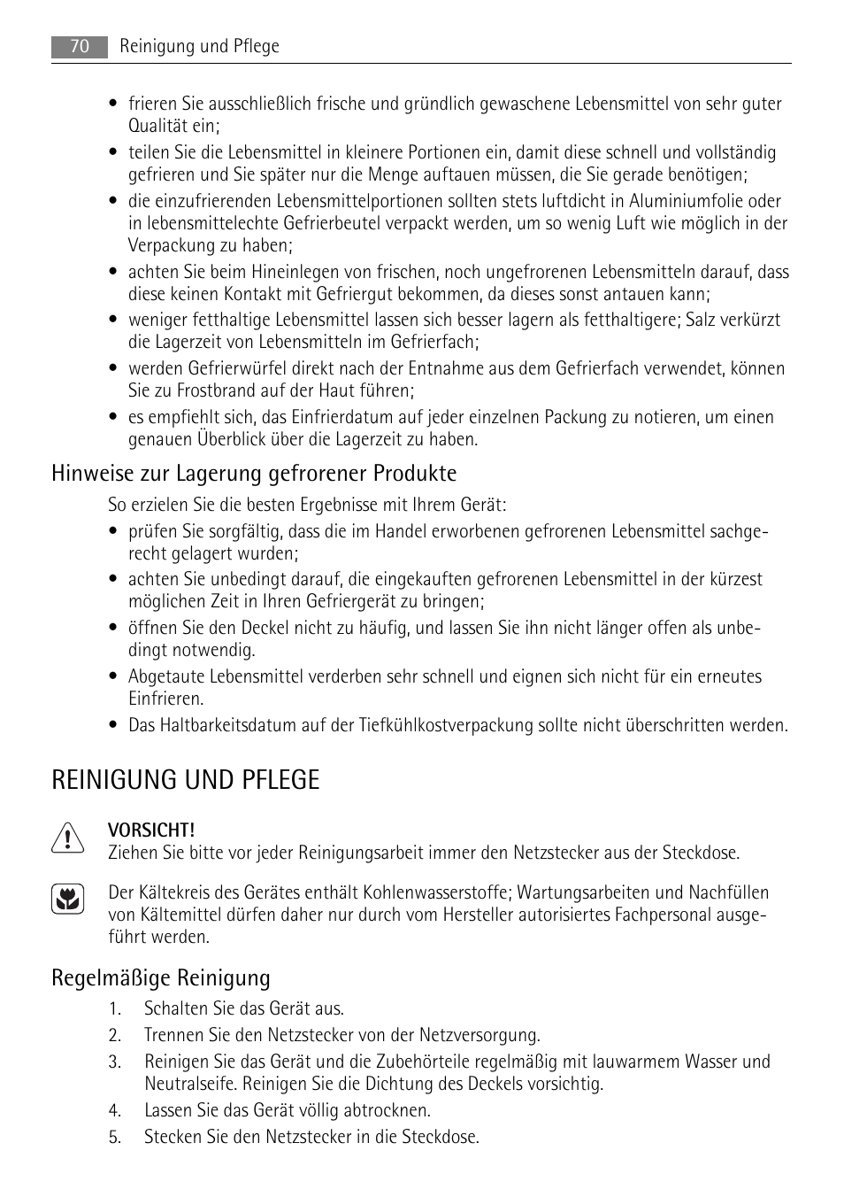 Reinigung und pflege, Hinweise zur lagerung gefrorener produkte, Regelmäßige reinigung | AEG A82700HLW0 User Manual | Page 70 / 80