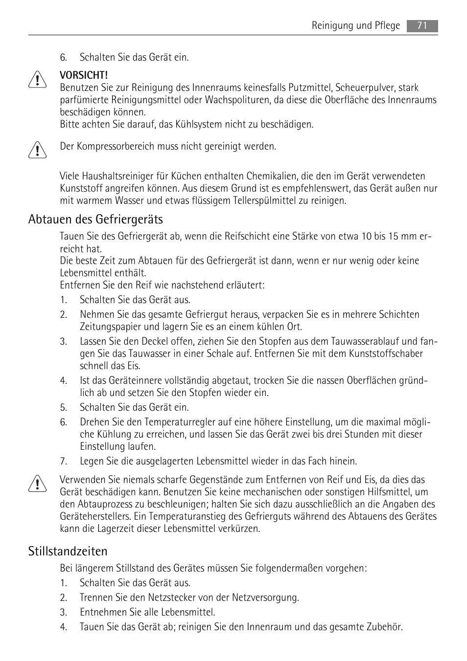 Abtauen des gefriergeräts, Stillstandzeiten | AEG A82700HLW0 User Manual | Page 71 / 80