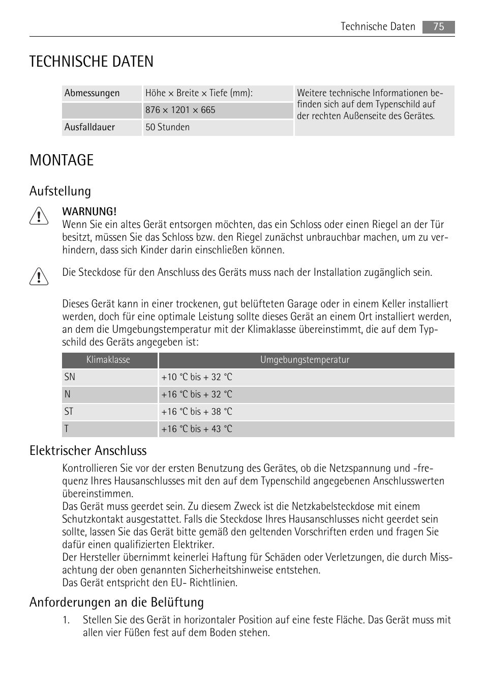 Technische daten, Montage, Aufstellung | Elektrischer anschluss, Anforderungen an die belüftung | AEG A82700HLW0 User Manual | Page 75 / 80