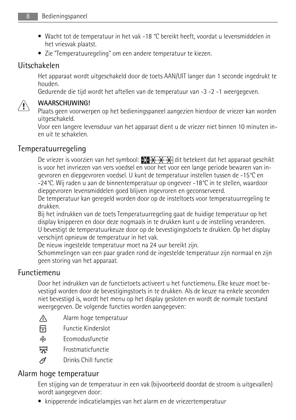 Uitschakelen, Temperatuurregeling, Functiemenu | Alarm hoge temperatuur | AEG A82700HLW0 User Manual | Page 8 / 80