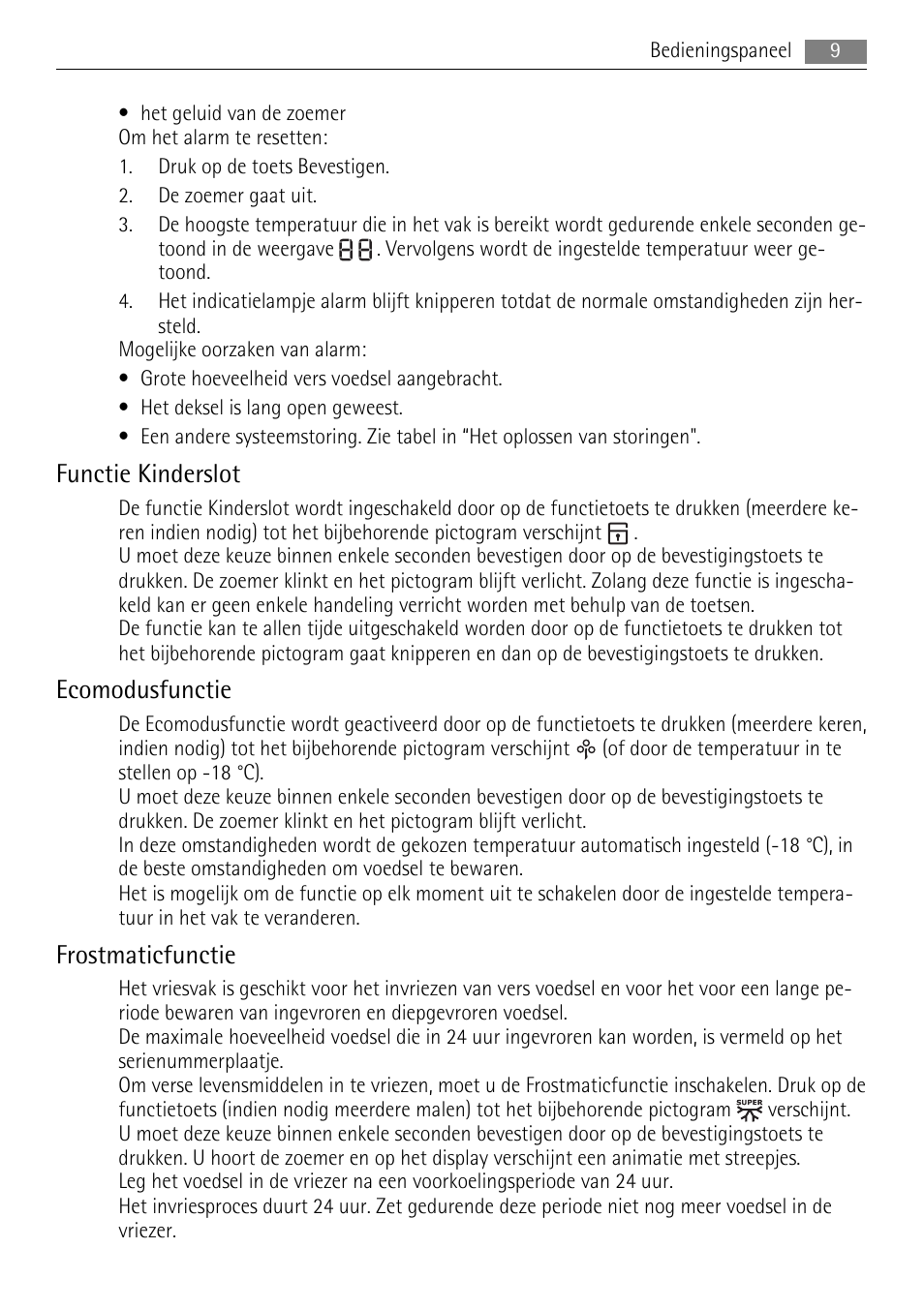 Functie kinderslot, Ecomodusfunctie, Frostmaticfunctie | AEG A82700HLW0 User Manual | Page 9 / 80