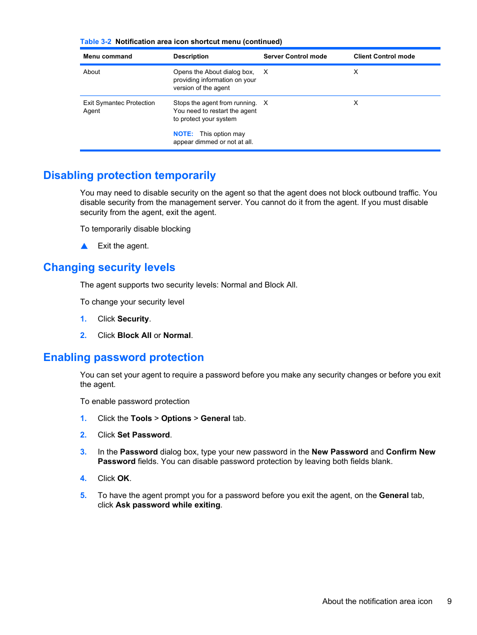 Disabling protection temporarily, Changing security levels, Enabling password protection | HP t5740 Thin Client User Manual | Page 15 / 33