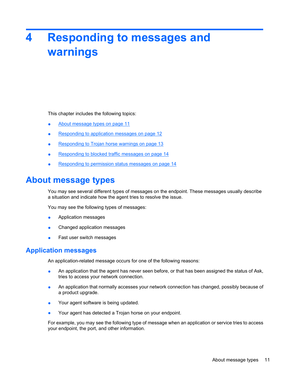 Responding to messages and warnings, About message types, Application messages | 4 responding to messages and warnings, 4responding to messages and warnings | HP t5740 Thin Client User Manual | Page 17 / 33