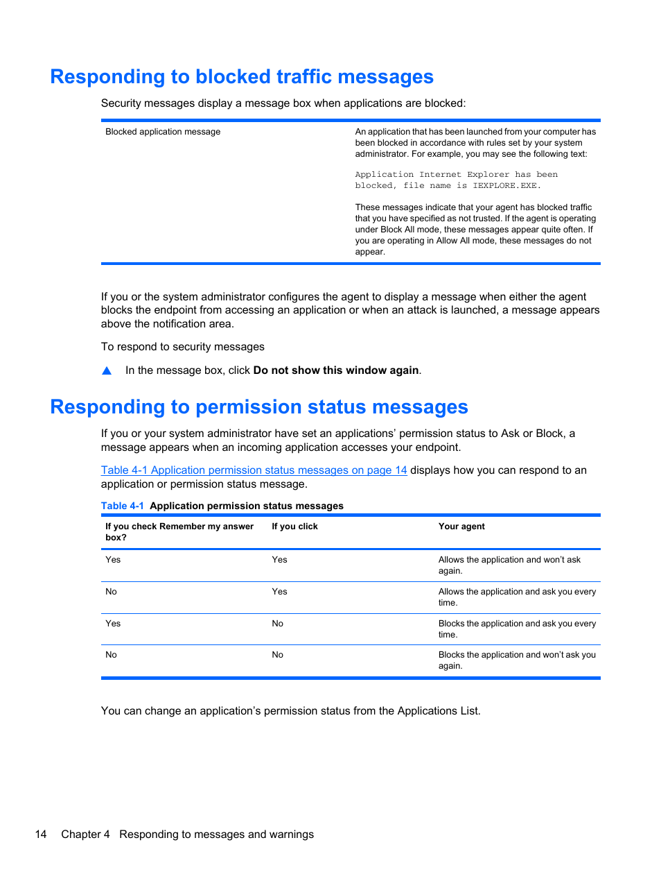 Responding to blocked traffic messages, Responding to permission status messages | HP t5740 Thin Client User Manual | Page 20 / 33