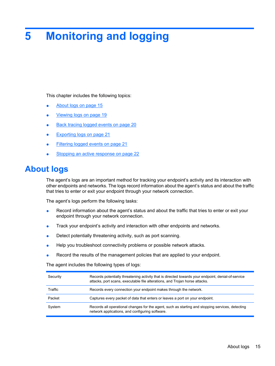 Monitoring and logging, About logs, 5 monitoring and logging | 5monitoring and logging | HP t5740 Thin Client User Manual | Page 21 / 33