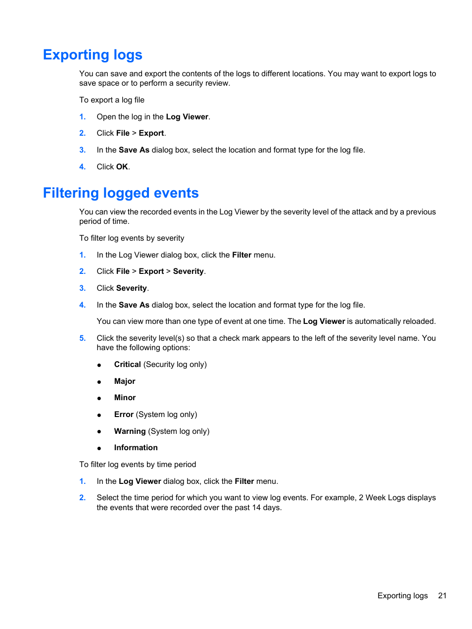 Exporting logs, Filtering logged events, Exporting logs filtering logged events | HP t5740 Thin Client User Manual | Page 27 / 33