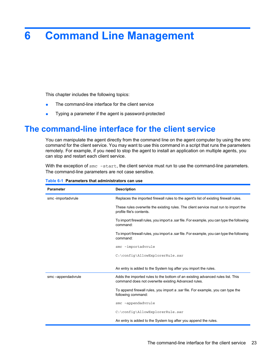 Command line management, The command-line interface for the client service, 6 command line management | 6command line management | HP t5740 Thin Client User Manual | Page 29 / 33