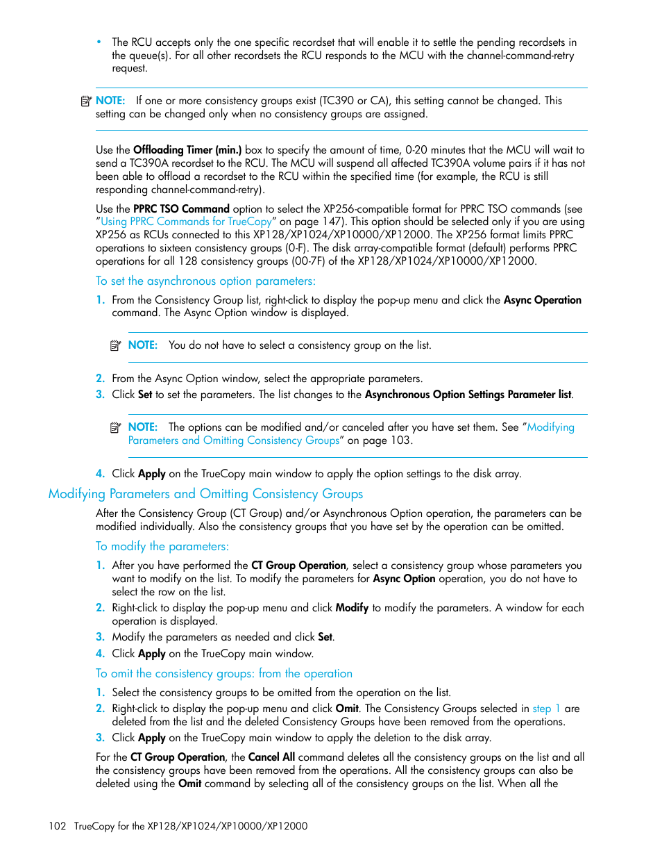 To set the asynchronous option parameters, To modify the parameters, To omit the consistency groups: from the operation | Modifying, Parameters and omitting consistency groups | HP StorageWorks XP Remote Web Console Software User Manual | Page 102 / 208