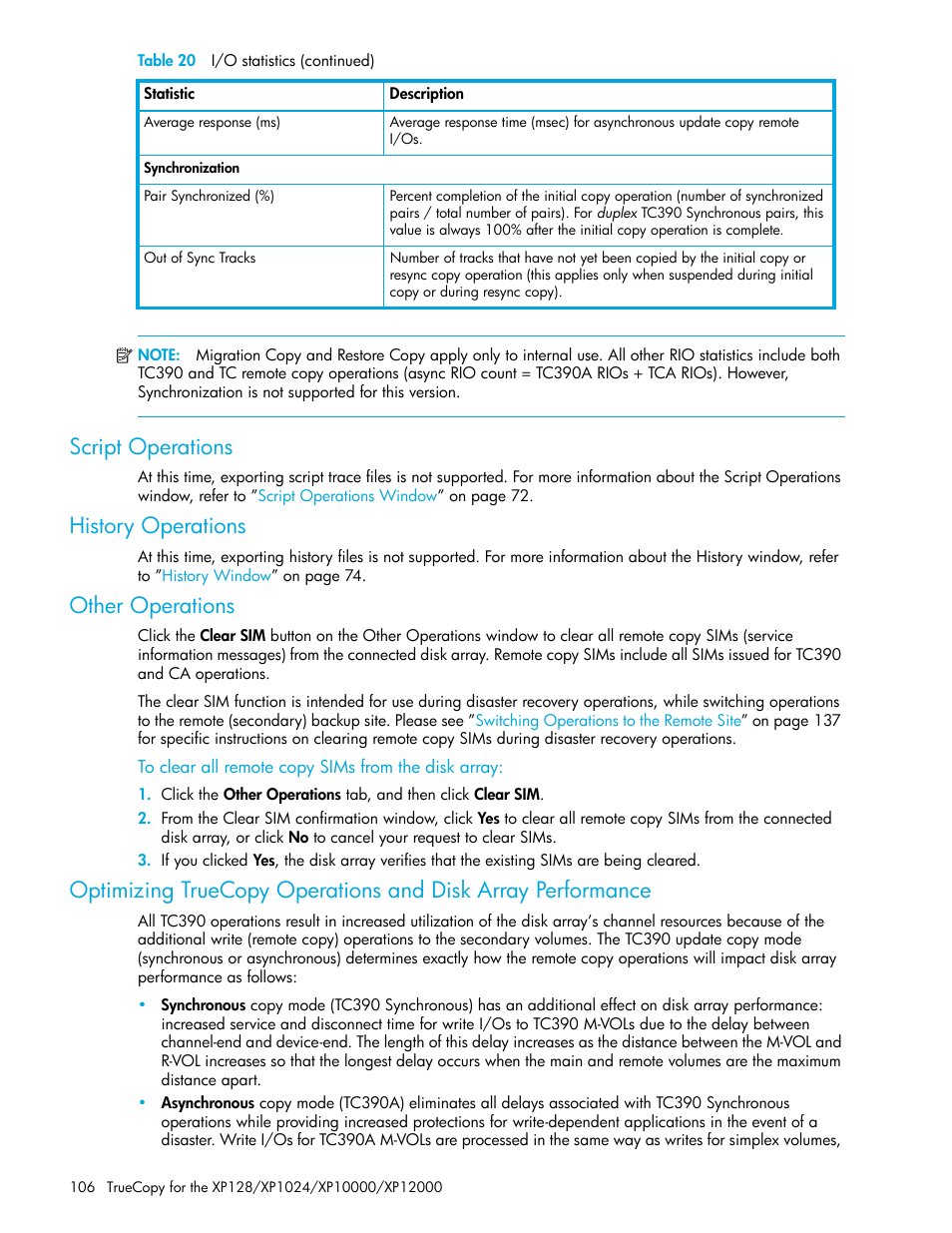 Script operations, History operations, Other operations | To clear all remote copy sims from the disk array, Optimizing truecopy operations and disk, Array performance | HP StorageWorks XP Remote Web Console Software User Manual | Page 106 / 208