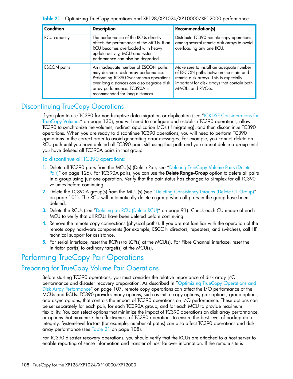 Discontinuing truecopy operations, To discontinue all tc390 operations, Performing truecopy pair operations | Preparing for truecopy volume pair operations, Performing, Truecopy pair operations | HP StorageWorks XP Remote Web Console Software User Manual | Page 108 / 208