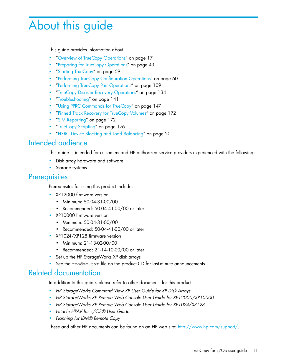 Intended audience, Prerequisites, Related documentation | About this guide | HP StorageWorks XP Remote Web Console Software User Manual | Page 11 / 208
