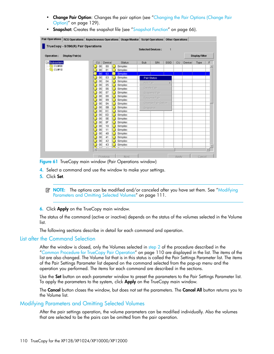 List after the command selection, Modifying parameters and omitting selected volumes, 61 truecopy main window (pair operations window) | Figure 61 | HP StorageWorks XP Remote Web Console Software User Manual | Page 110 / 208