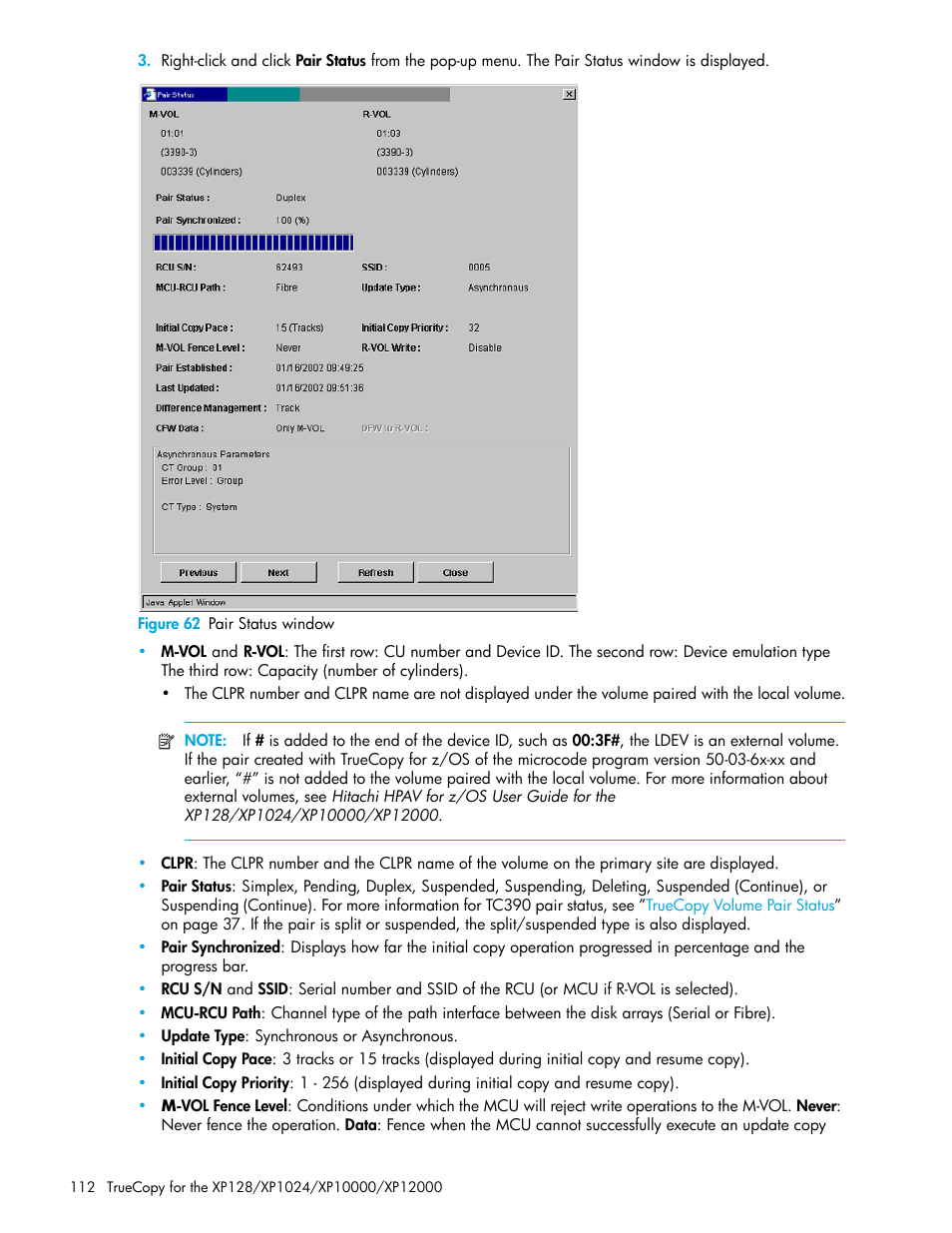 Figure 62 pair status window, 62 pair status window | HP StorageWorks XP Remote Web Console Software User Manual | Page 112 / 208