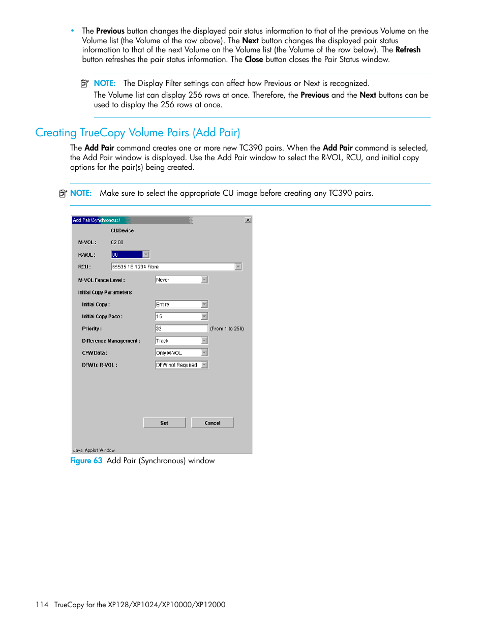 Creating truecopy volume pairs (add pair), Figure 63 add pair (synchronous) window, 63 add pair (synchronous) window | Creating truecopy volume pairs (add, Pair) | HP StorageWorks XP Remote Web Console Software User Manual | Page 114 / 208