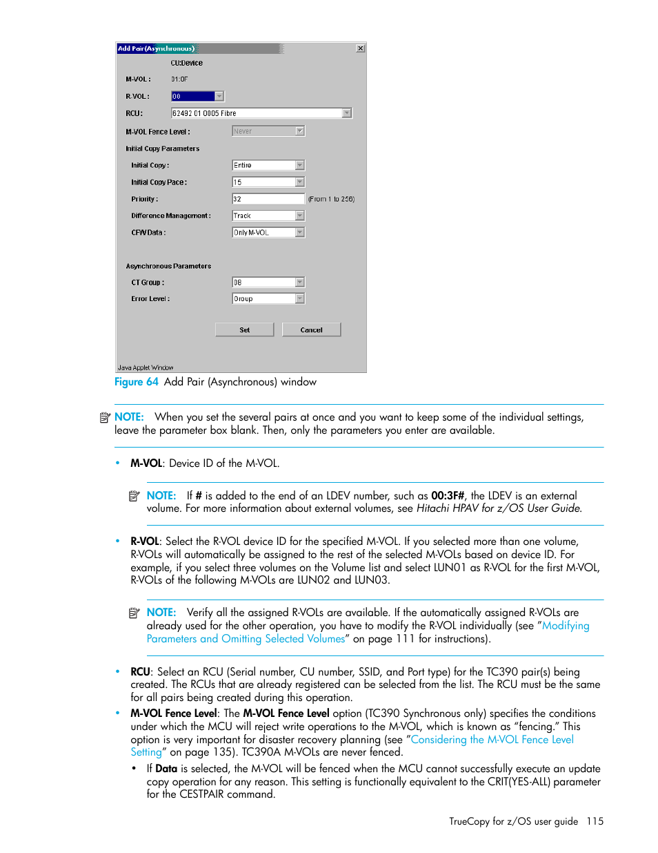 Figure 64 add pair (asynchronous) window, 64 add pair (asynchronous) window | HP StorageWorks XP Remote Web Console Software User Manual | Page 115 / 208