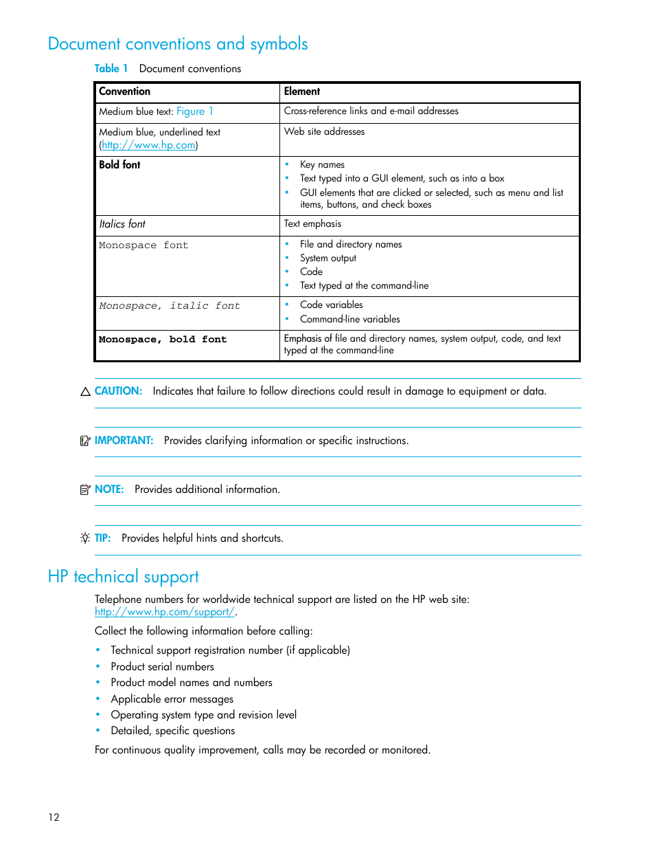 Document conventions and symbols, Table 1 document conventions, Hp technical support | 1 document conventions | HP StorageWorks XP Remote Web Console Software User Manual | Page 12 / 208