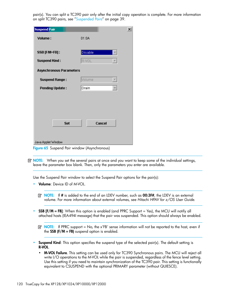 Figure 65 suspend pair window (asynchronous), 65 suspend pair window (asynchronous) | HP StorageWorks XP Remote Web Console Software User Manual | Page 120 / 208