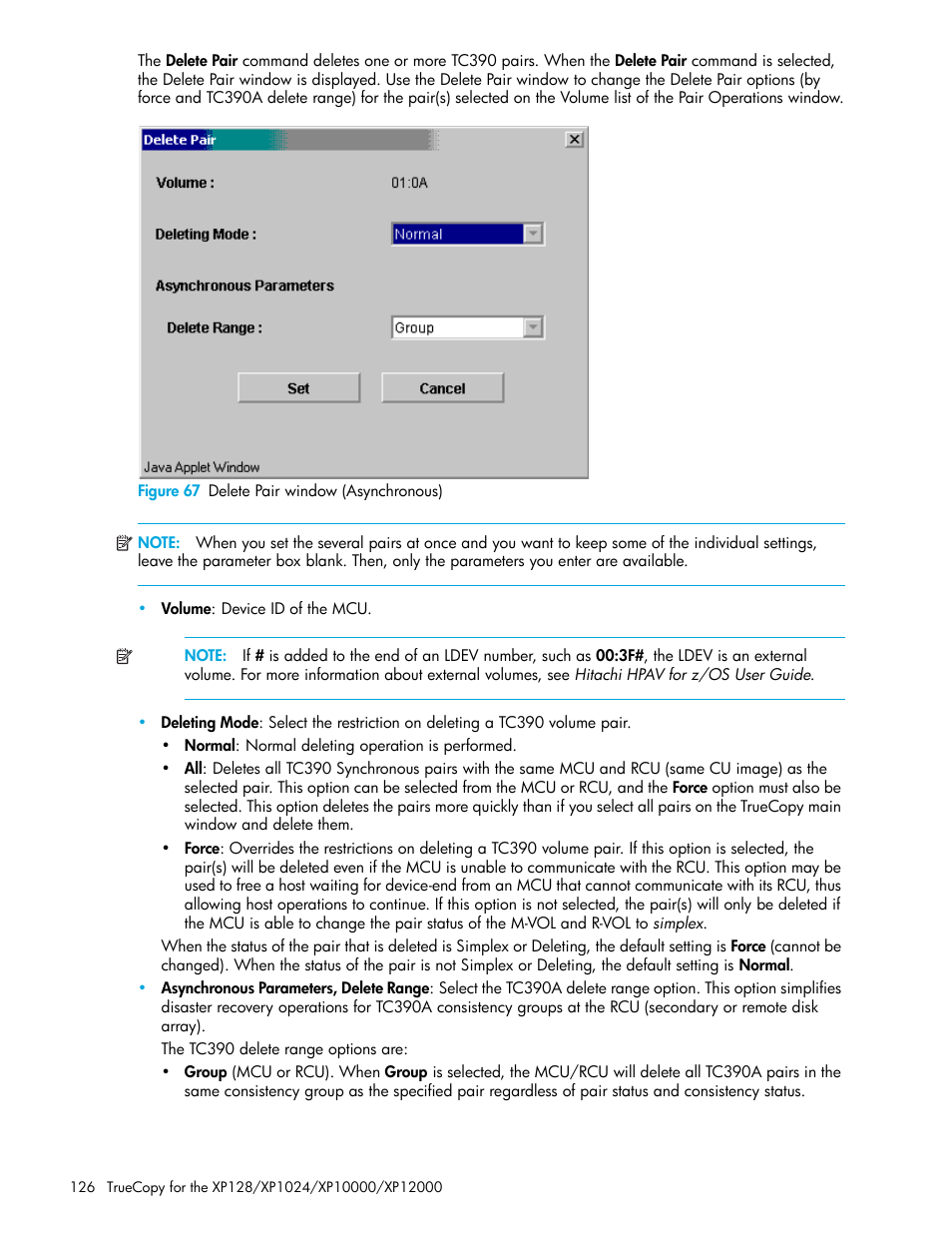 Figure 67 delete pair window (asynchronous), 67 delete pair window (asynchronous) | HP StorageWorks XP Remote Web Console Software User Manual | Page 126 / 208