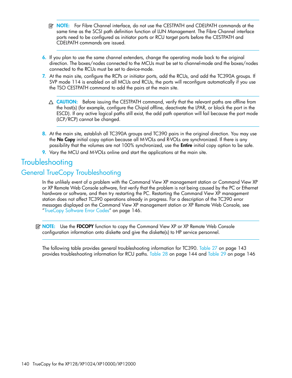 Troubleshooting, General truecopy troubleshooting | HP StorageWorks XP Remote Web Console Software User Manual | Page 140 / 208