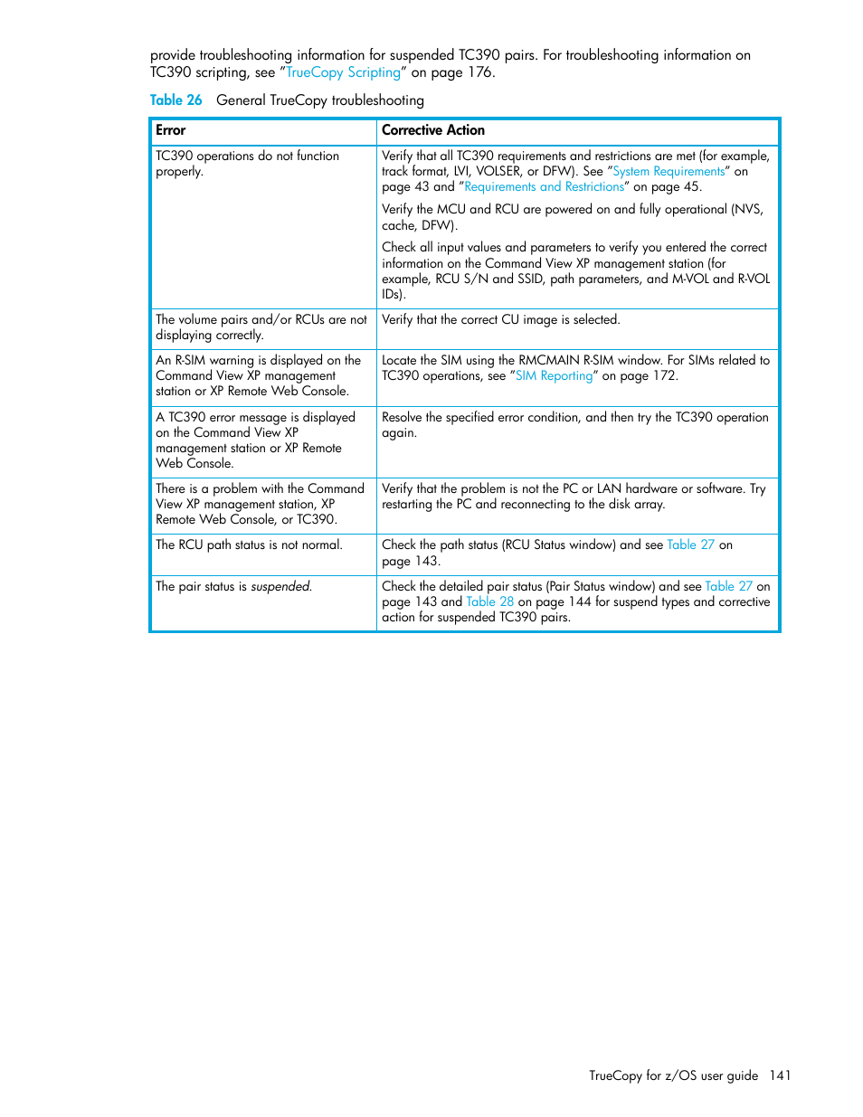 Table 26 general truecopy troubleshooting, 26 general truecopy troubleshooting | HP StorageWorks XP Remote Web Console Software User Manual | Page 141 / 208