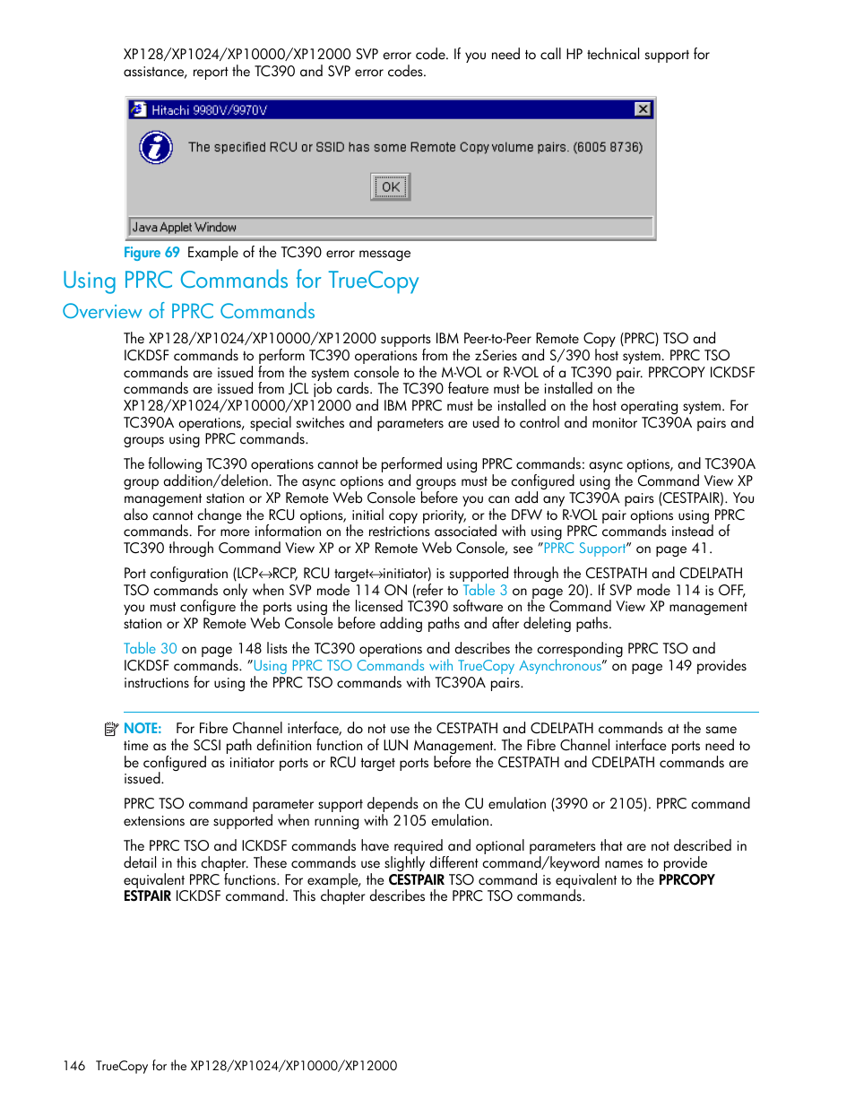 Figure 69 example of the tc390 error message, Using pprc commands for truecopy, Overview of pprc commands | 69 example of the tc390 error message, Using pprc, Commands for truecopy, Using pprc commands for, Truecopy | HP StorageWorks XP Remote Web Console Software User Manual | Page 146 / 208
