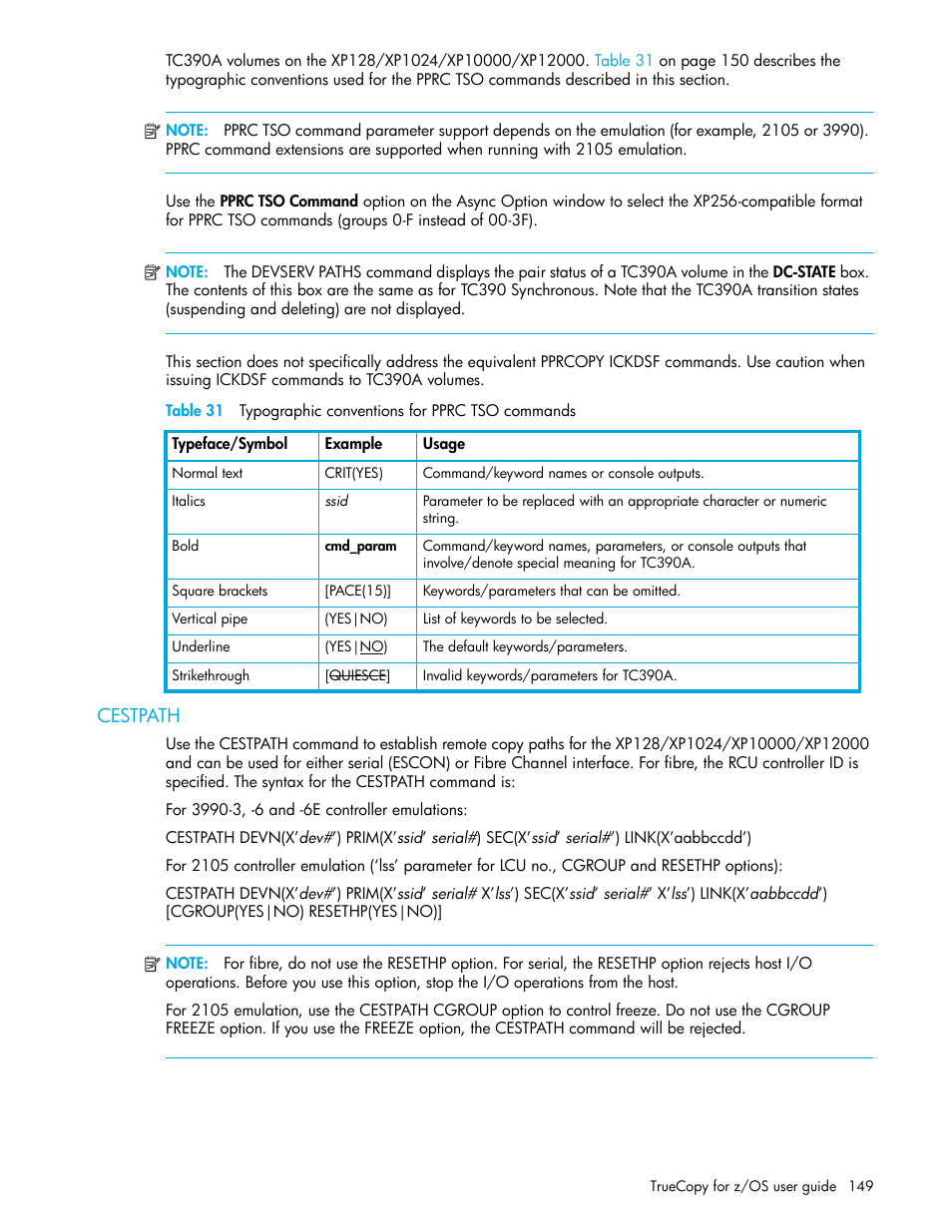 Cestpath, 31 typographic conventions for pprc tso commands | HP StorageWorks XP Remote Web Console Software User Manual | Page 149 / 208