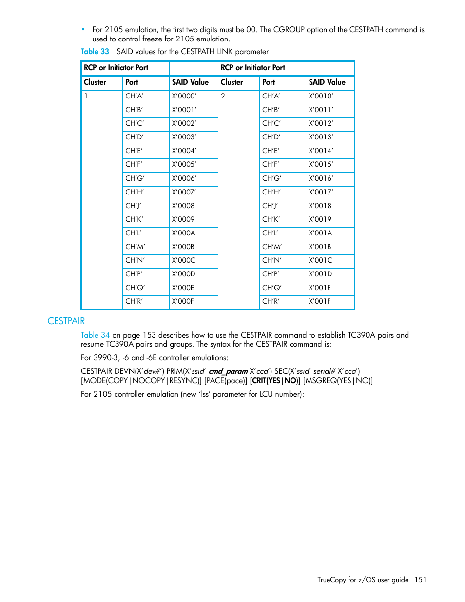 Cestpair, 33 said values for the cestpath link parameter, Command (see | Table 33 on | HP StorageWorks XP Remote Web Console Software User Manual | Page 151 / 208