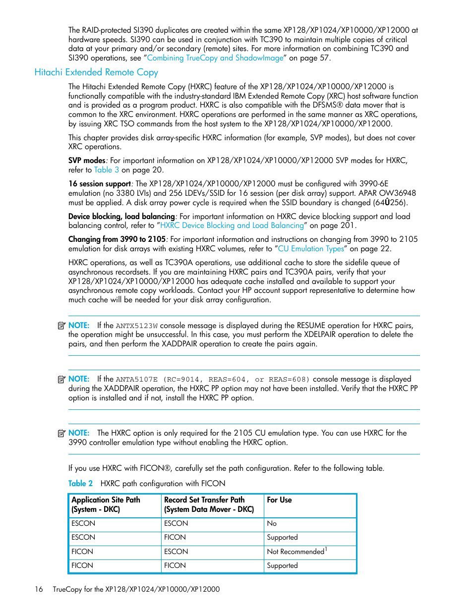 Hitachi extended remote copy, Table 2 hxrc path configuration with ficon, 2 hxrc path configuration with ficon | HP StorageWorks XP Remote Web Console Software User Manual | Page 16 / 208